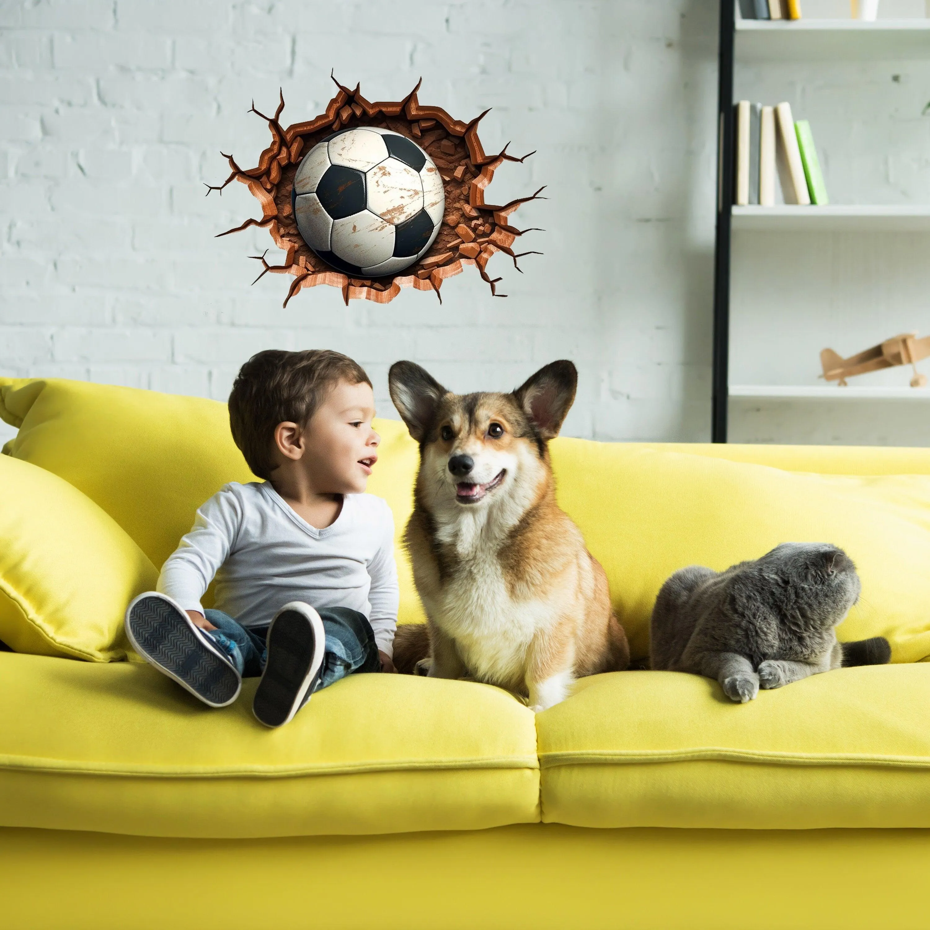 3D Football Wall Decal - Boys Room Breakthrough Sticker - Sporty Soccer Art
