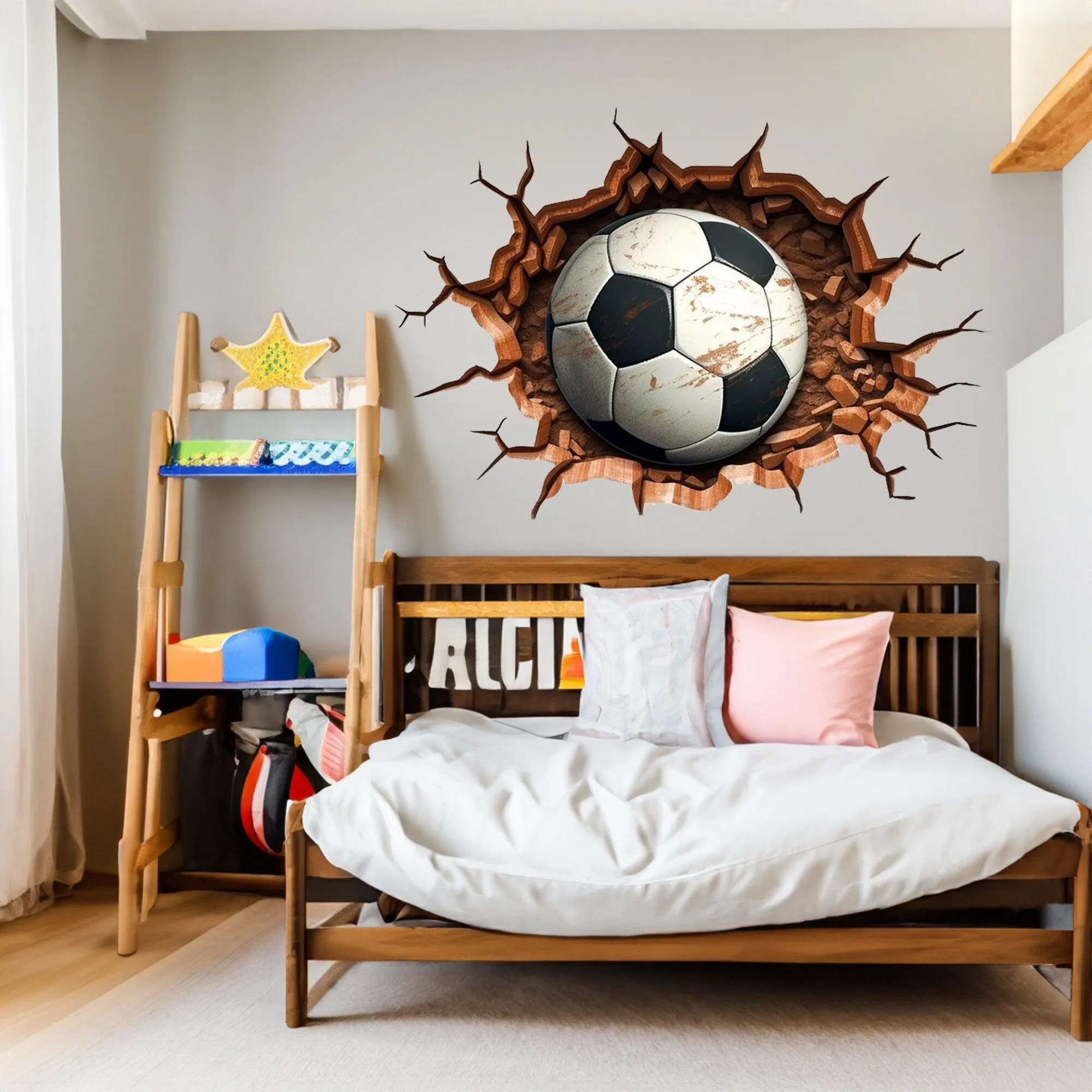 3D Football Wall Decal - Boys Room Breakthrough Sticker - Sporty Soccer Art