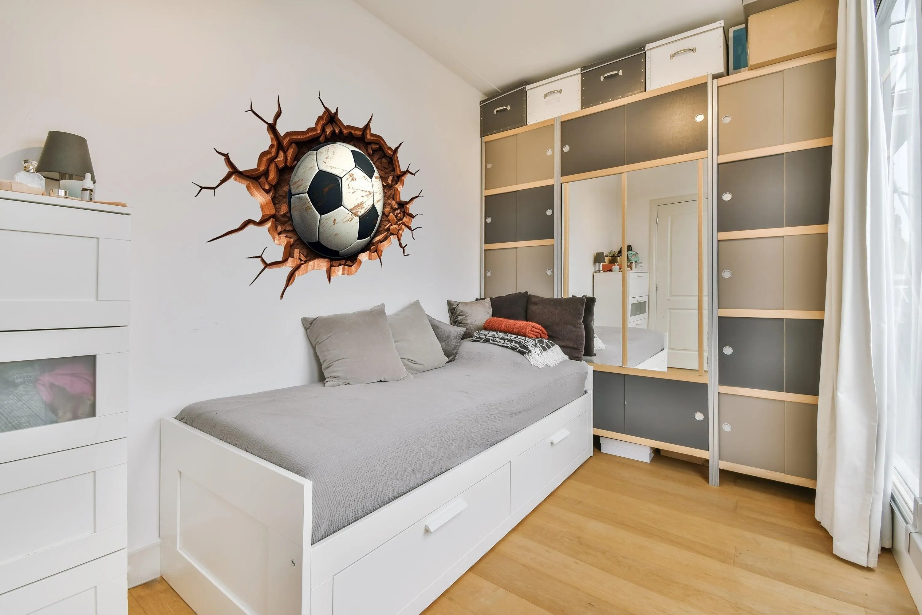 3D Football Wall Decal - Boys Room Breakthrough Sticker - Sporty Soccer Art