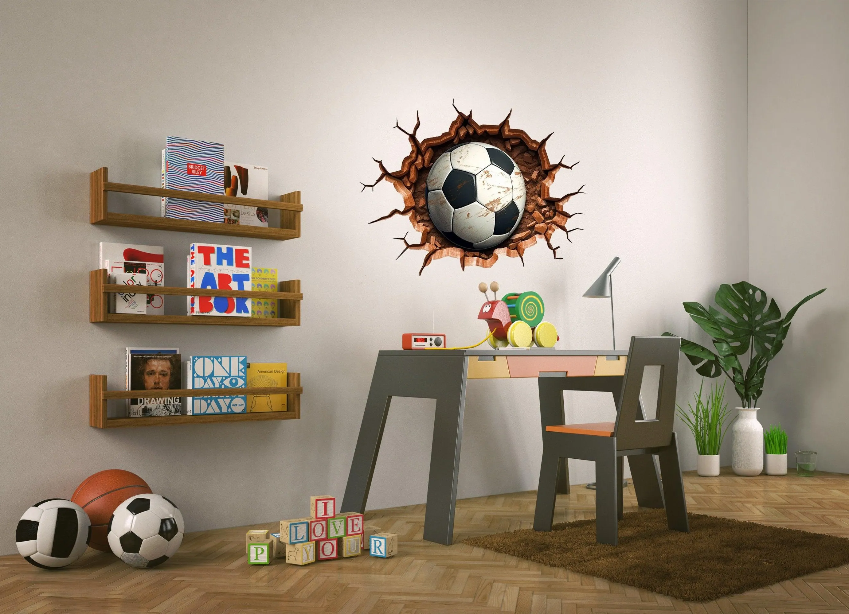 3D Football Wall Decal - Boys Room Breakthrough Sticker - Sporty Soccer Art