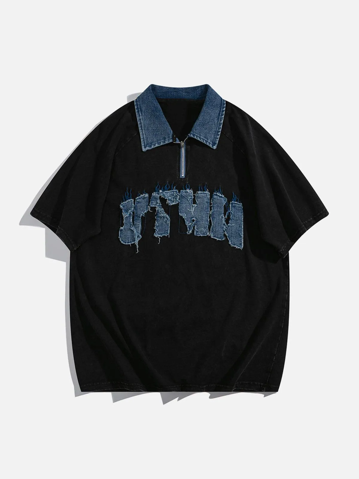 AlanBalen® - Denim Patch Embroidered Batik POLO Tee