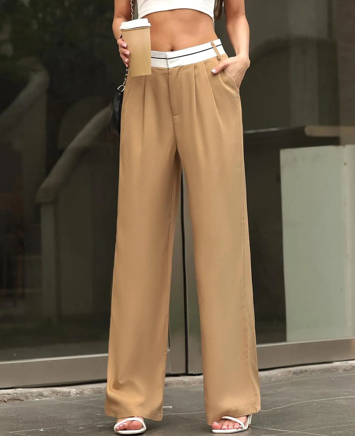 ALSOGO Women's Wide Leg Pants High Waisted Business Office Casual Dressy Pants Flowy Trousers with Pockets