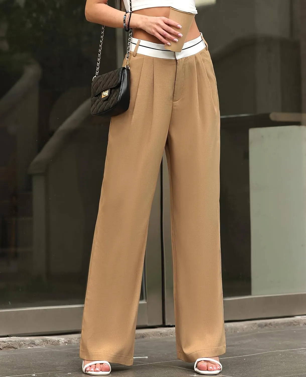 ALSOGO Women's Wide Leg Pants High Waisted Business Office Casual Dressy Pants Flowy Trousers with Pockets