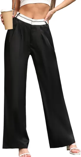 ALSOGO Women's Wide Leg Pants High Waisted Business Office Casual Dressy Pants Flowy Trousers with Pockets