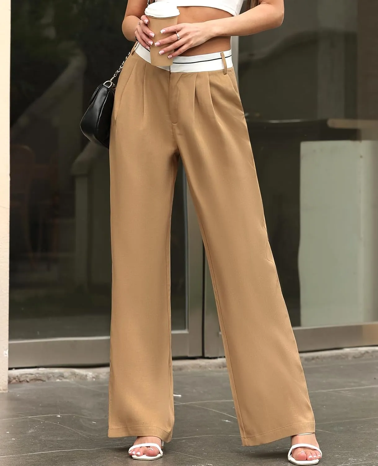 ALSOGO Women's Wide Leg Pants High Waisted Business Office Casual Dressy Pants Flowy Trousers with Pockets