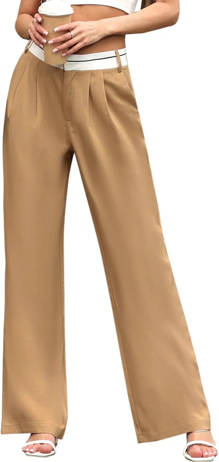 ALSOGO Women's Wide Leg Pants High Waisted Business Office Casual Dressy Pants Flowy Trousers with Pockets