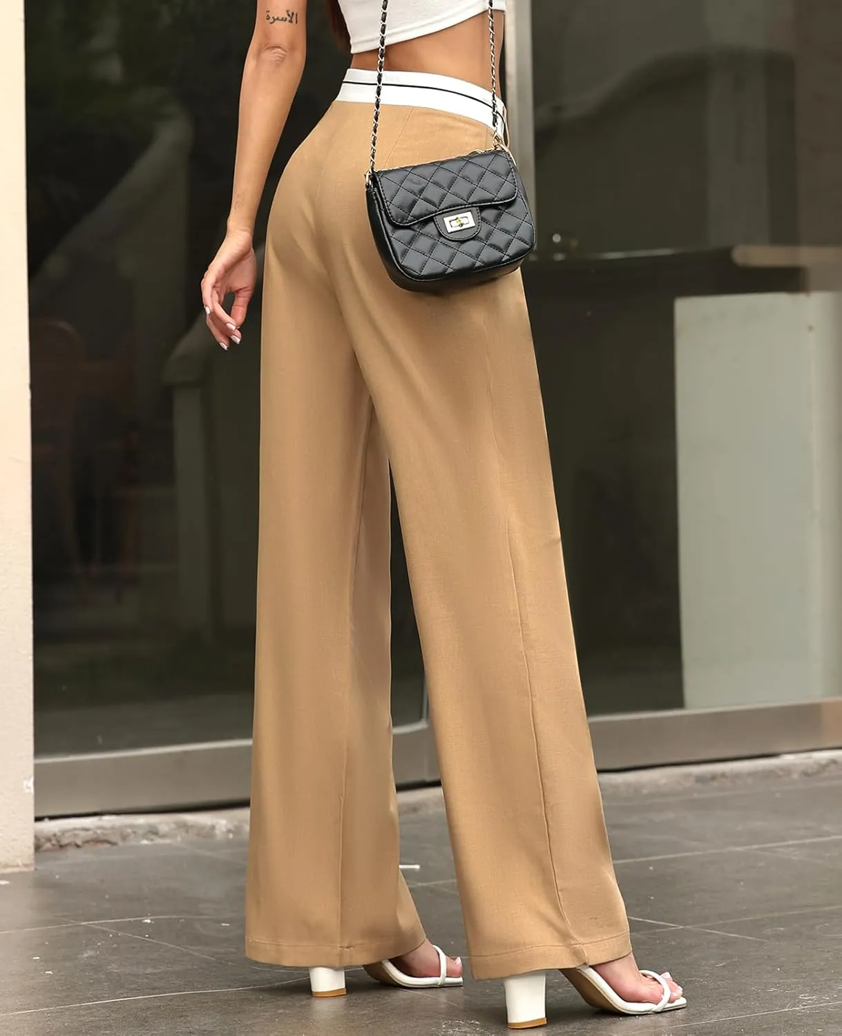 ALSOGO Women's Wide Leg Pants High Waisted Business Office Casual Dressy Pants Flowy Trousers with Pockets