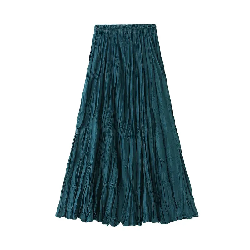 Autumn Winter Wrinkled Black Pleated Skirt Women Korean Style Casual High Waisted A-Line Long Skirts Midi falda plisada