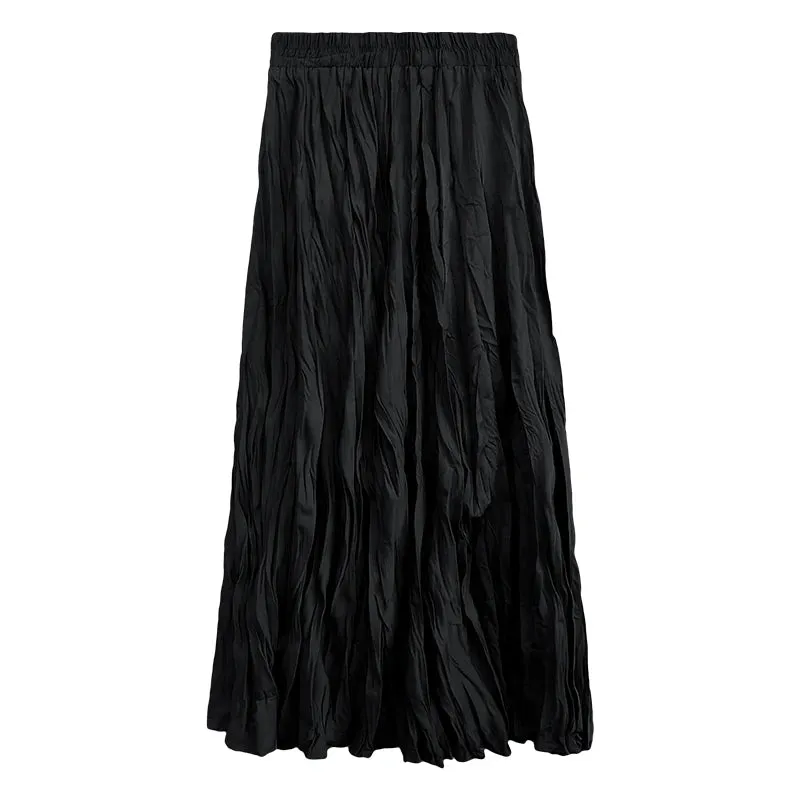 Autumn Winter Wrinkled Black Pleated Skirt Women Korean Style Casual High Waisted A-Line Long Skirts Midi falda plisada