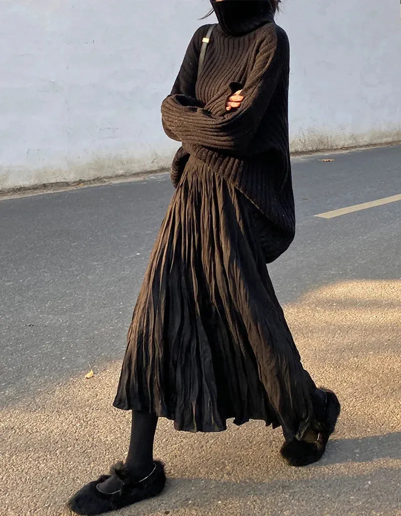 Autumn Winter Wrinkled Black Pleated Skirt Women Korean Style Casual High Waisted A-Line Long Skirts Midi falda plisada