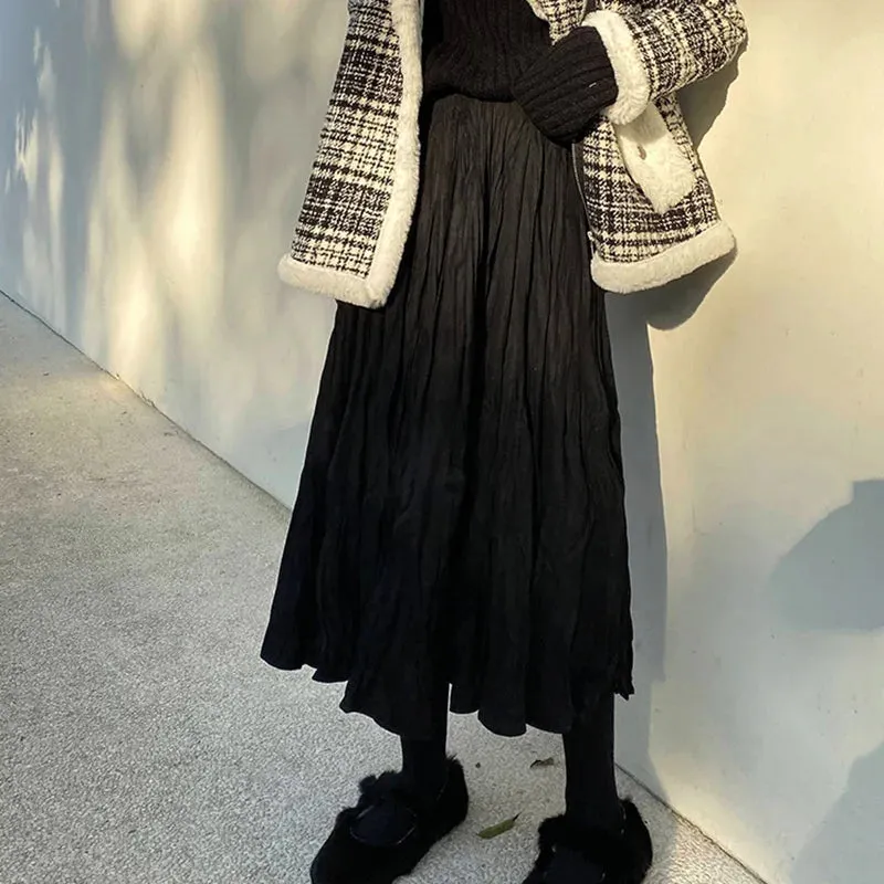 Autumn Winter Wrinkled Black Pleated Skirt Women Korean Style Casual High Waisted A-Line Long Skirts Midi falda plisada