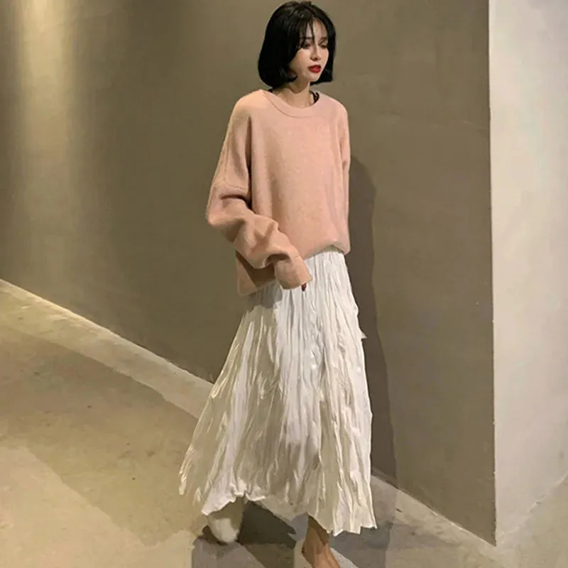 Autumn Winter Wrinkled Black Pleated Skirt Women Korean Style Casual High Waisted A-Line Long Skirts Midi falda plisada