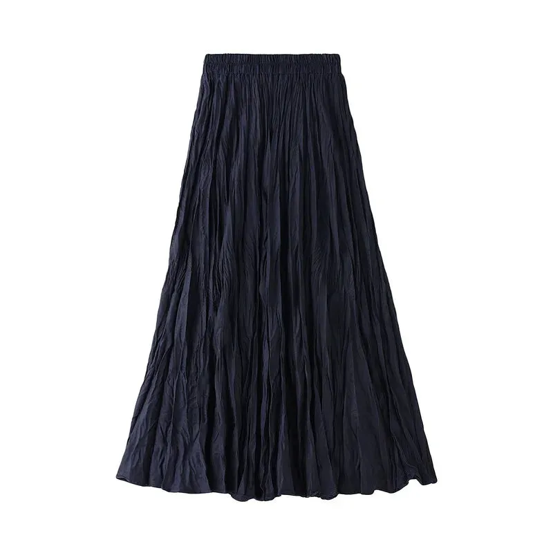 Autumn Winter Wrinkled Black Pleated Skirt Women Korean Style Casual High Waisted A-Line Long Skirts Midi falda plisada