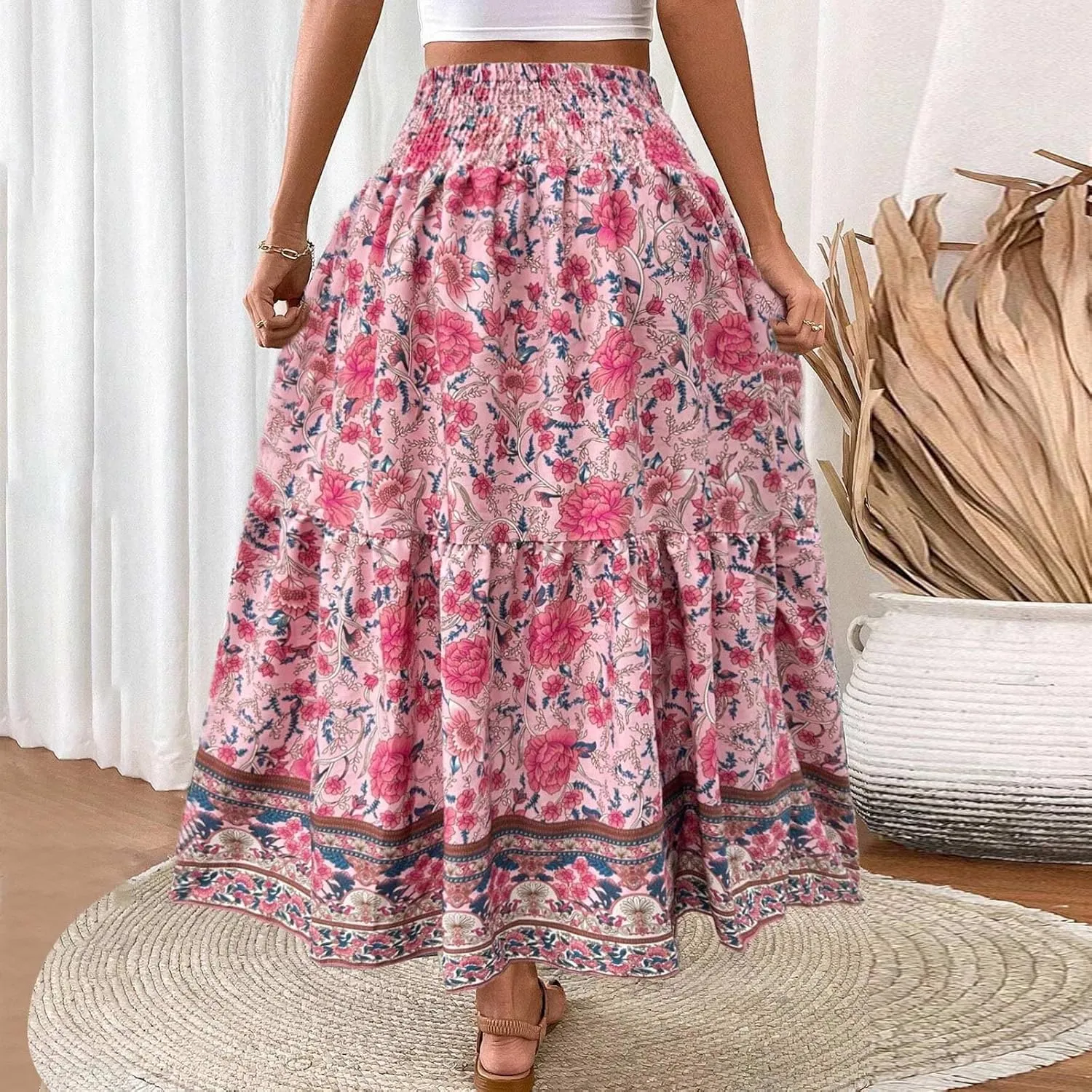 Boho Skirts for Women,2025 Summer Flowy High Waist A Line Maxi Skirt Elegant Pleated Floral Beach Outfits