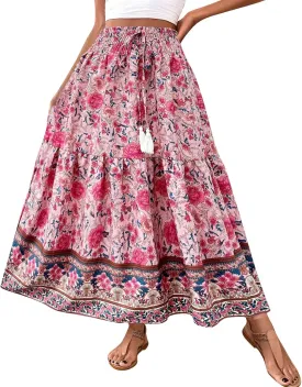 Boho Skirts for Women,2025 Summer Flowy High Waist A Line Maxi Skirt Elegant Pleated Floral Beach Outfits