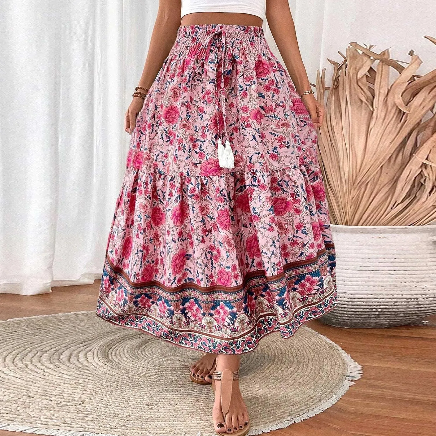 Boho Skirts for Women,2025 Summer Flowy High Waist A Line Maxi Skirt Elegant Pleated Floral Beach Outfits