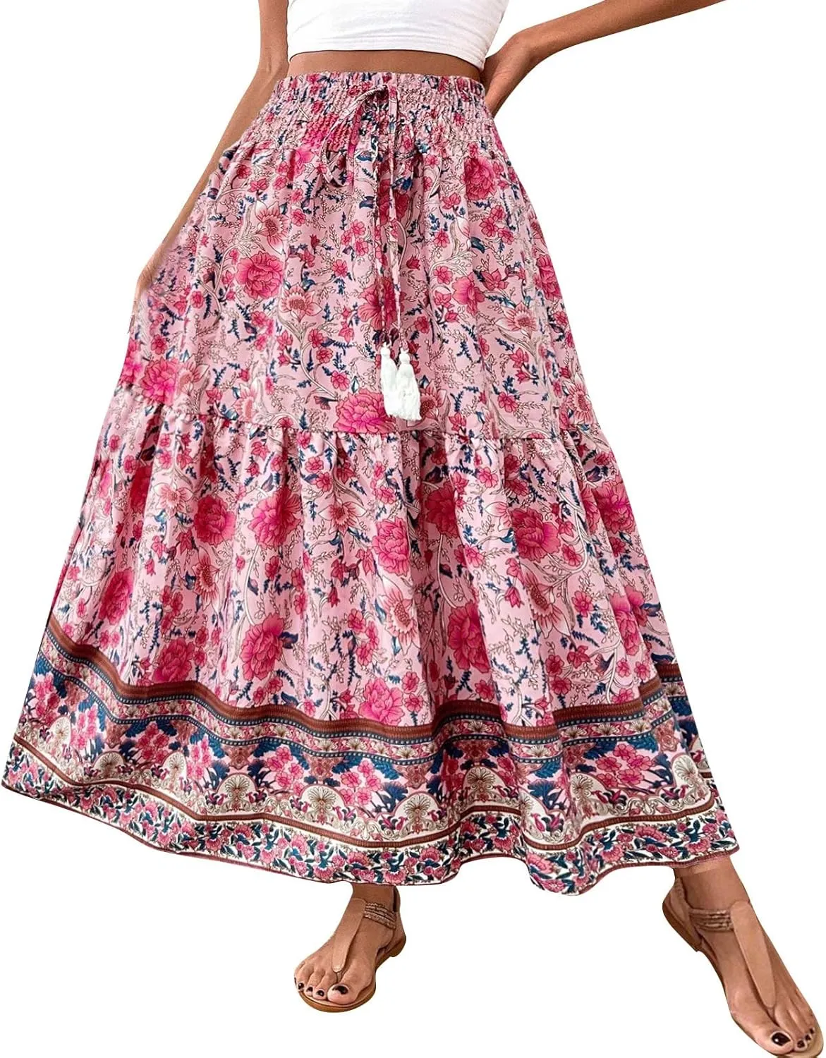 Boho Skirts for Women,2025 Summer Flowy High Waist A Line Maxi Skirt Elegant Pleated Floral Beach Outfits