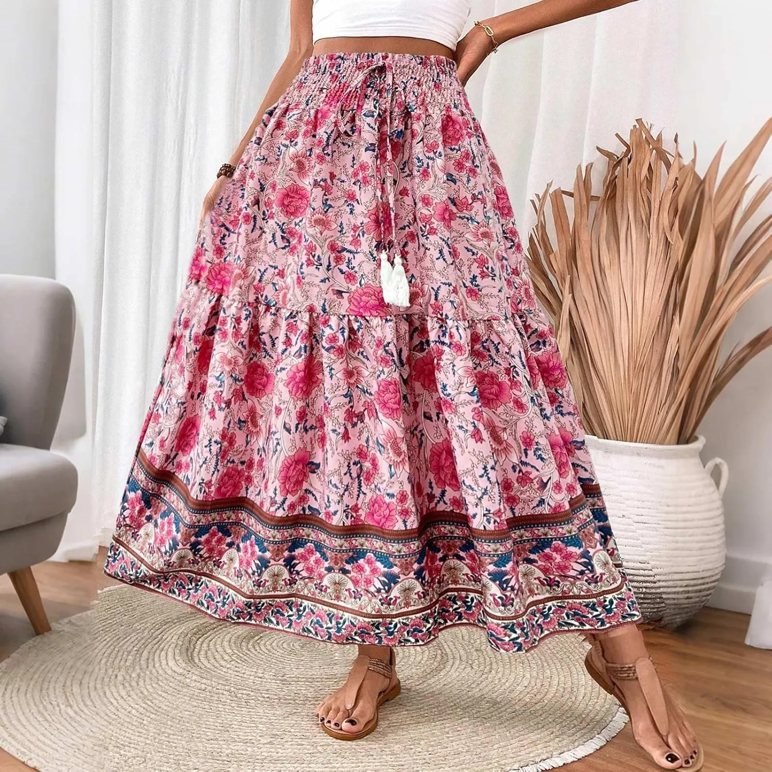 Boho Skirts for Women,2025 Summer Flowy High Waist A Line Maxi Skirt Elegant Pleated Floral Beach Outfits