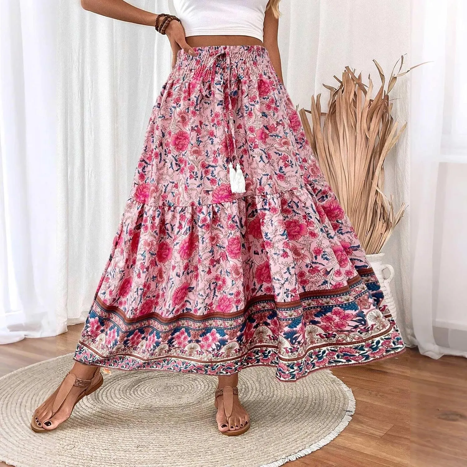Boho Skirts for Women,2025 Summer Flowy High Waist A Line Maxi Skirt Elegant Pleated Floral Beach Outfits