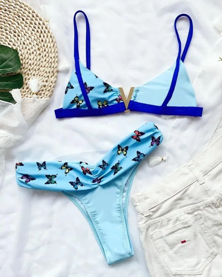 Butterfly Print Patch Bra With Panties Bikini Sets