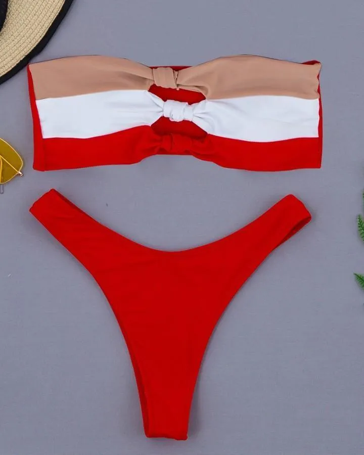 Colorblock Patchwork Sleeveless Bandeau With Panties Sexy Sets
