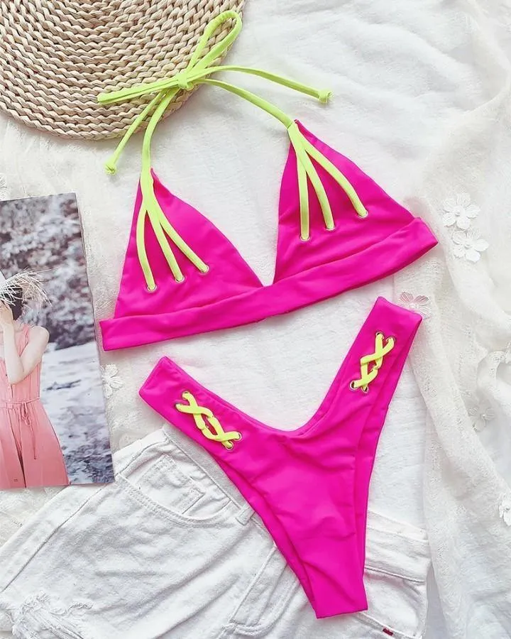 Colorblock Patchwork Strappy Bra With Panties Bikini Sets