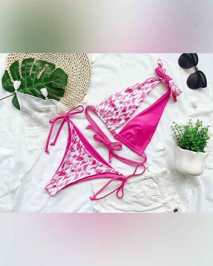 Colorblock Patchwork Strappy Halter Bra With Panties Bikini Sets