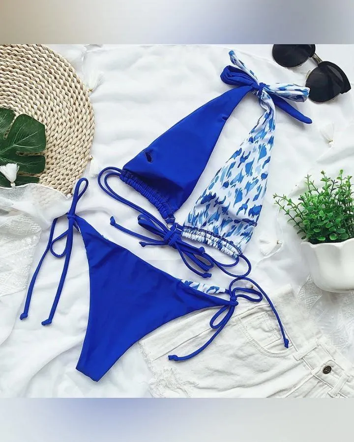Colorblock Patchwork Strappy Halter Bra With Panties Bikini Sets
