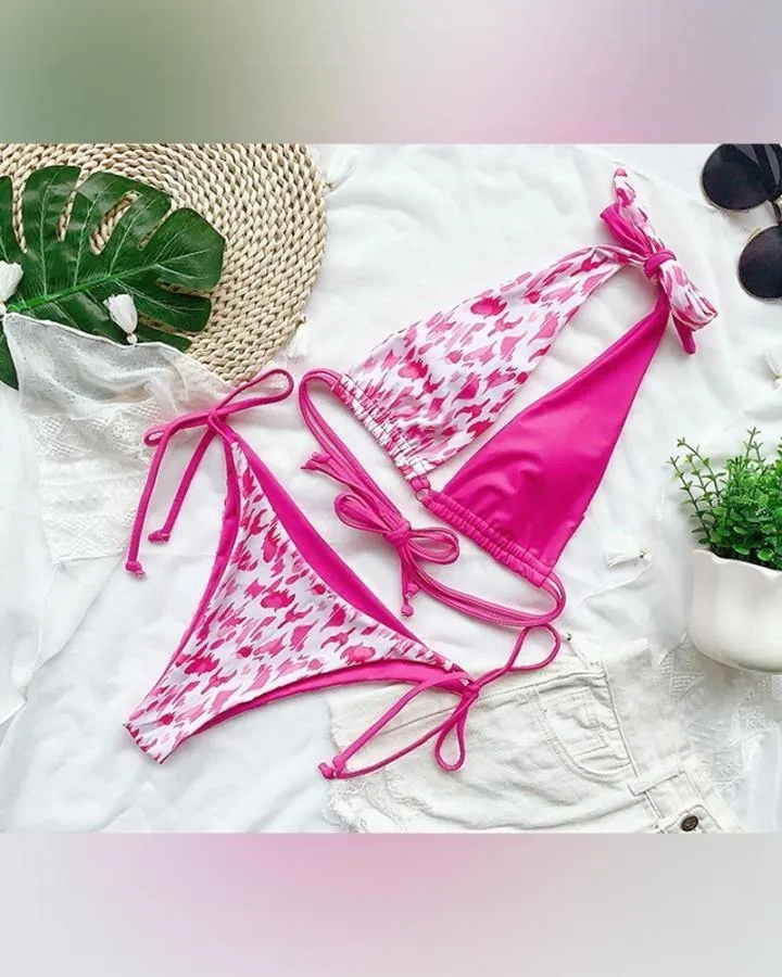Colorblock Patchwork Strappy Halter Bra With Panties Bikini Sets