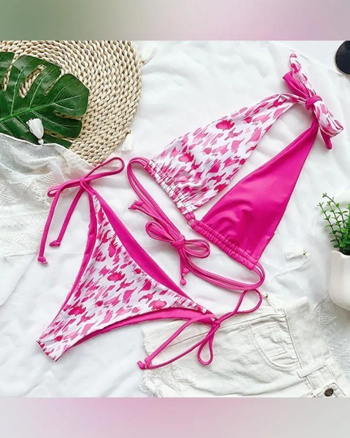 Colorblock Patchwork Strappy Halter Bra With Panties Bikini Sets