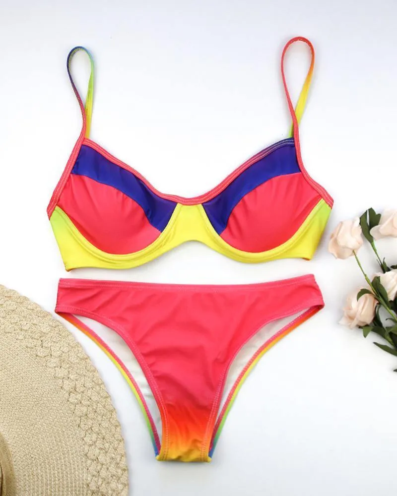 Colorblock Strap Bra With Panties Bikini Sets