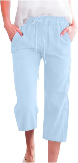 Cotton Linen Capri Pants for Women High Waist Cropped Pant Tie Knot Wide Leg Slacks Summer Beach Palazzo Trousers