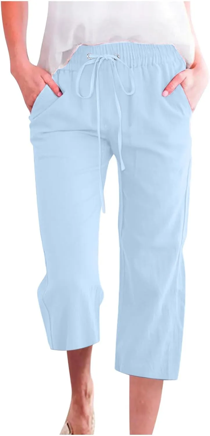 Cotton Linen Capri Pants for Women High Waist Cropped Pant Tie Knot Wide Leg Slacks Summer Beach Palazzo Trousers