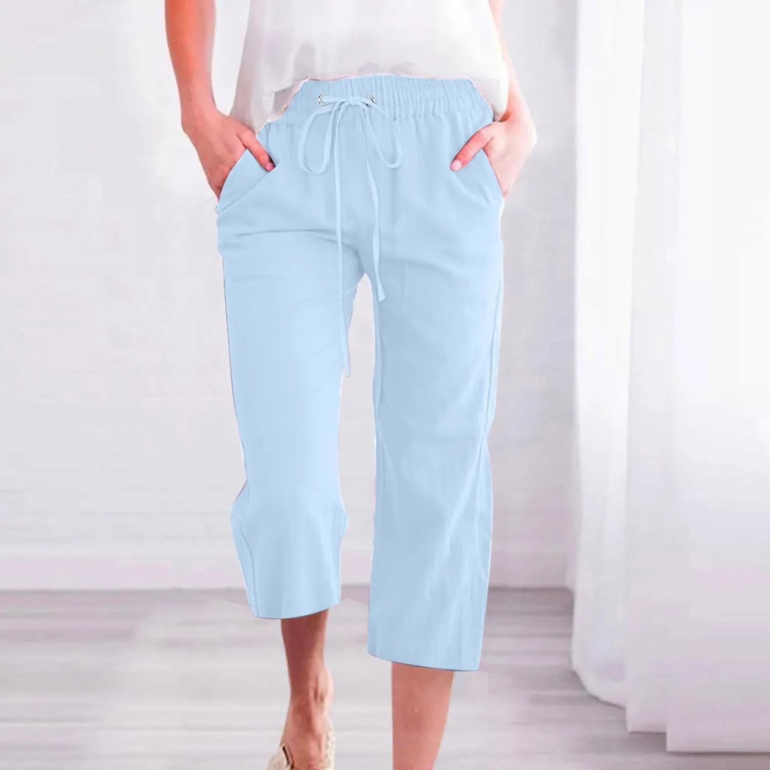 Cotton Linen Capri Pants for Women High Waist Cropped Pant Tie Knot Wide Leg Slacks Summer Beach Palazzo Trousers