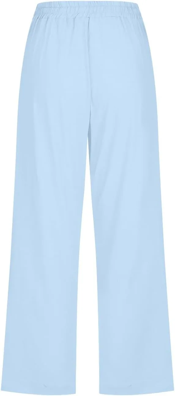 Cotton Linen Capri Pants for Women High Waist Cropped Pant Tie Knot Wide Leg Slacks Summer Beach Palazzo Trousers