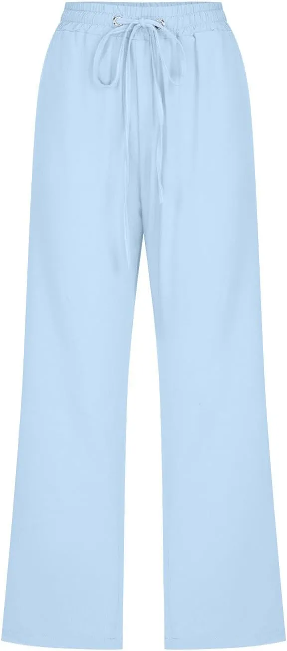 Cotton Linen Capri Pants for Women High Waist Cropped Pant Tie Knot Wide Leg Slacks Summer Beach Palazzo Trousers
