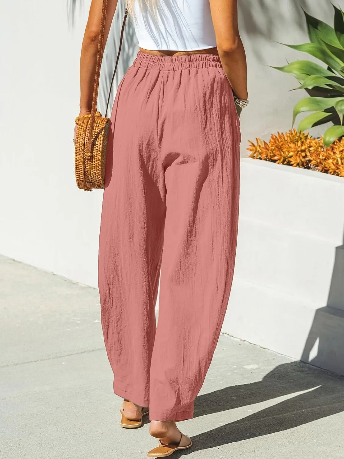 CUPSHE Women Pants Patch Pocket Tapered Leg Elastic Waist Long Pant Casual Beach