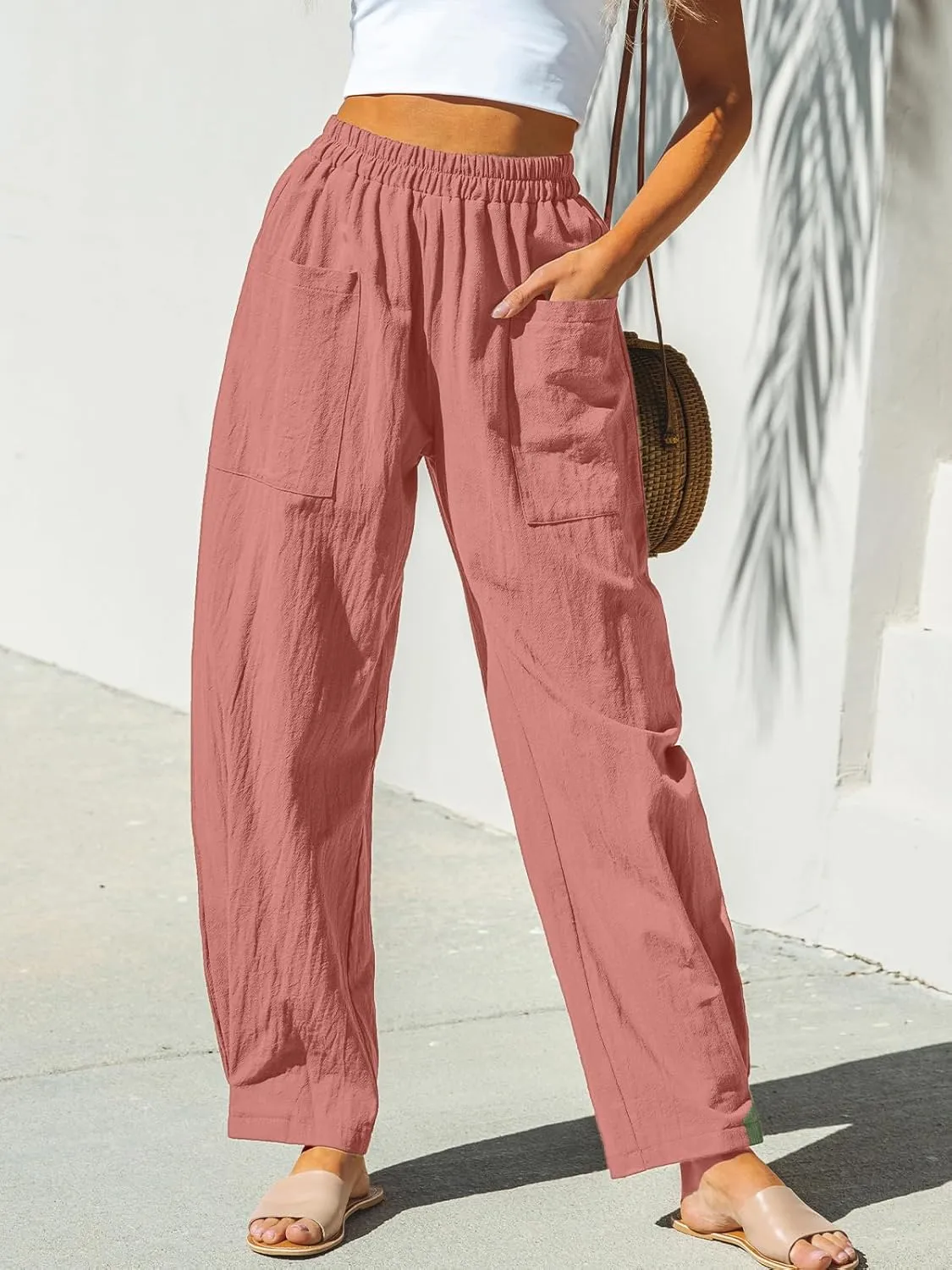 CUPSHE Women Pants Patch Pocket Tapered Leg Elastic Waist Long Pant Casual Beach