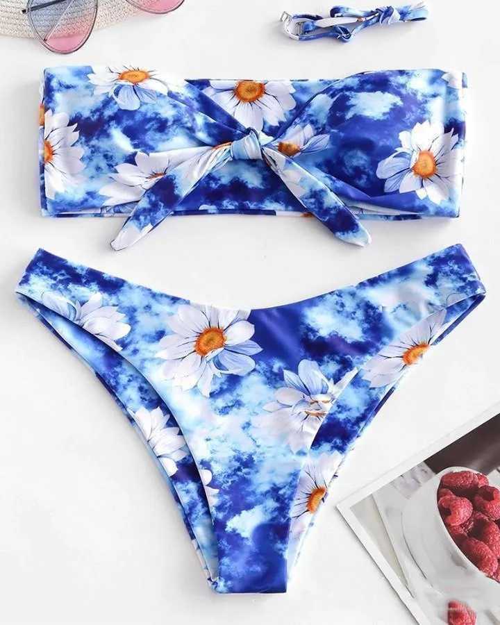 Daisy Print Sleeveless Bandeau With Panties Bikini Sets