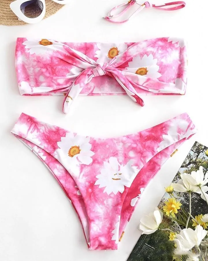 Daisy Print Sleeveless Bandeau With Panties Bikini Sets