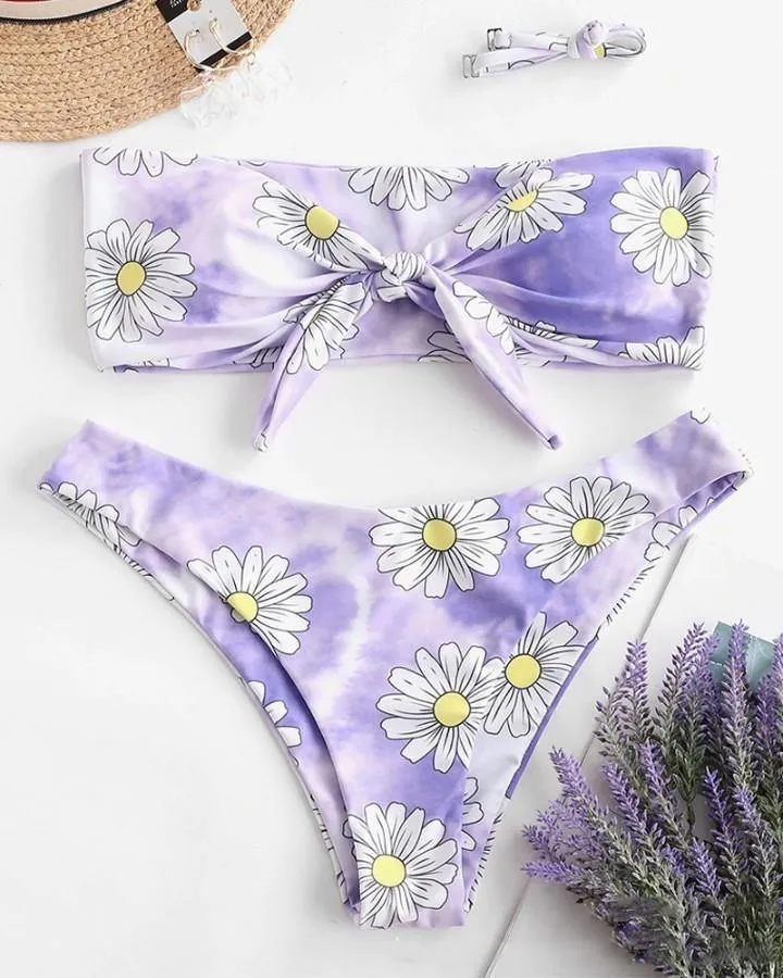 Daisy Print Sleeveless Bandeau With Panties Bikini Sets
