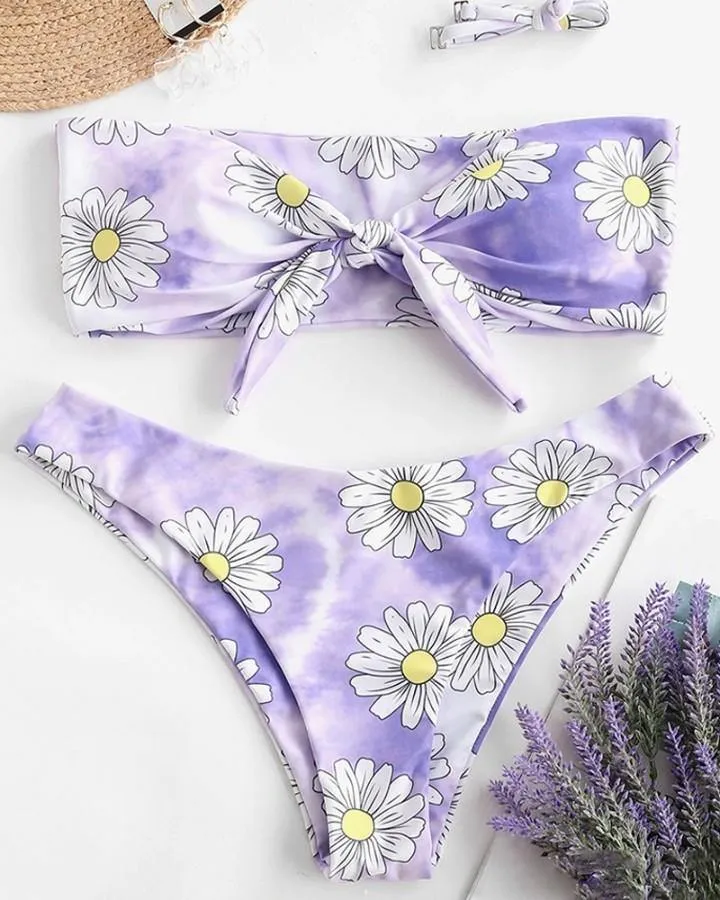 Daisy Print Sleeveless Bandeau With Panties Bikini Sets