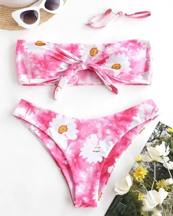 Daisy Print Sleeveless Bandeau With Panties Bikini Sets