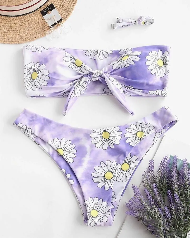 Daisy Print Sleeveless Bandeau With Panties Bikini Sets