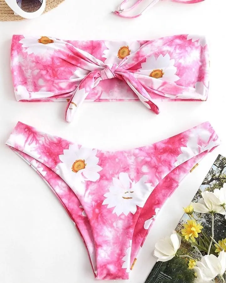 Daisy Print Sleeveless Bandeau With Panties Bikini Sets
