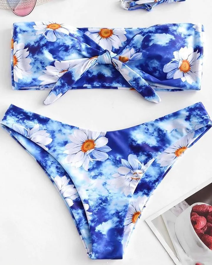 Daisy Print Sleeveless Bandeau With Panties Bikini Sets
