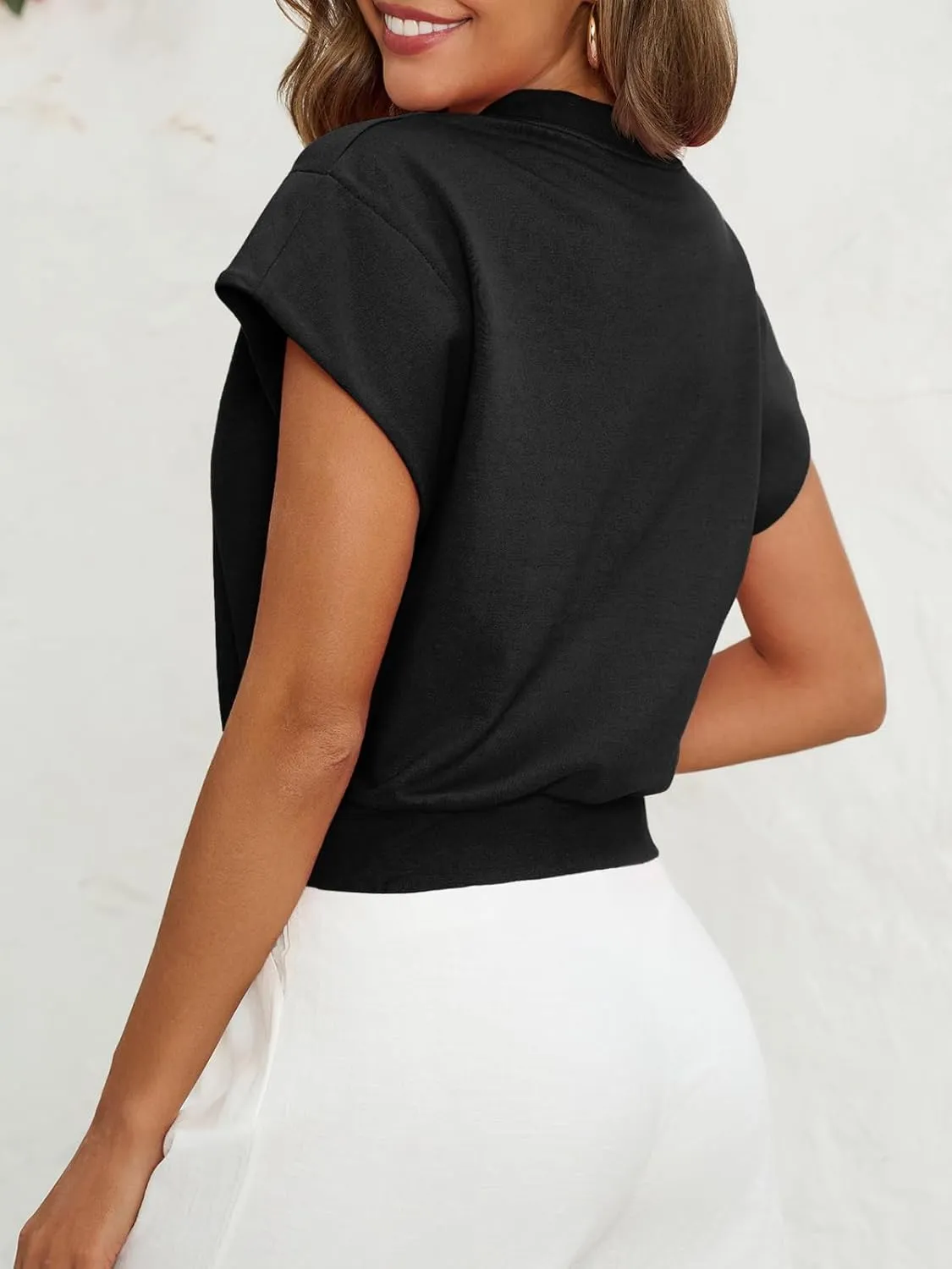 Fisoew Womens Cropped Tops Summer V Neck Cap Sleeve Casual Loose Fit T Shirts