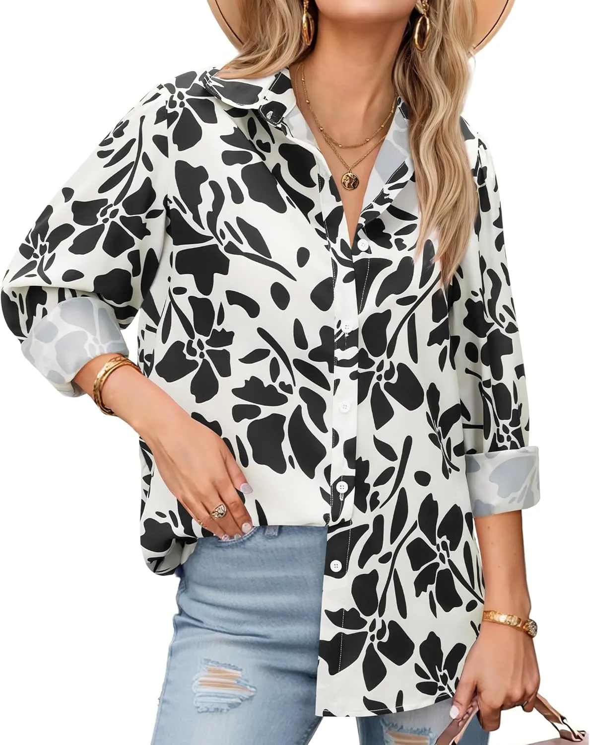 Floral Blouses for Women Dressy Casual Chiffon Button Down Shirts Hawaiian Printed Boho Tops Tunic Trendy 2025