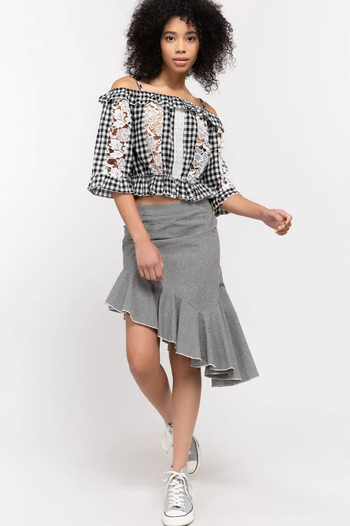 Gingham Crop Top With Crochet Lace Insets