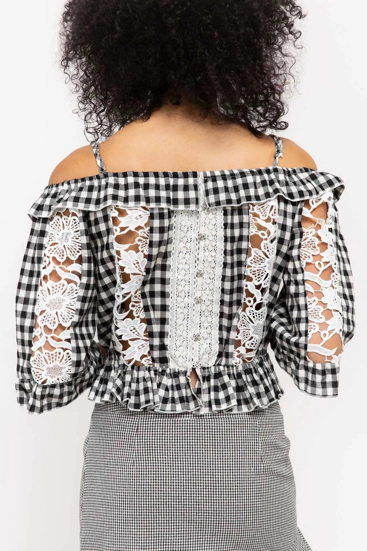 Gingham Crop Top With Crochet Lace Insets